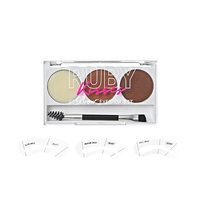 Ruby Kisses Go Brow Eyebrow Kit, Dual Shade Powder & Wax, Includes 3 Stencils, Perfect for Shaping & Defining, Natural Brow Look, Ideal for Sparse Brows