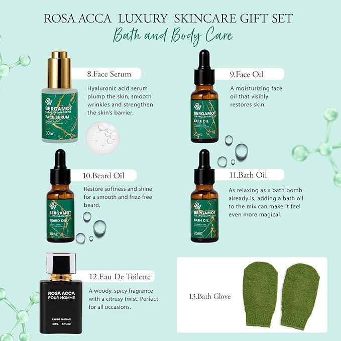 30 pcs Father's Day Gifts, Bergamot Facial Skin Care Set Gifts for Men, Beard Grooming Kit, Bath & Body Gift Basket Set, Self-Care Gift, Face Cleanser, Birthday, Christmas, Anniversary, Husband, Dad
