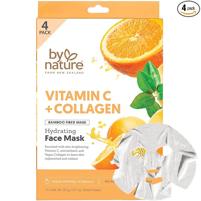 By Nature Vitamin C + Collagen Sheet Face Mask with Vitamin E – Firming, Anti-Aging Facial Treatment for Radiance, Elasticity & Hydration – Skincare for Pre-Event Glow & All Skin Types – Pack of 4