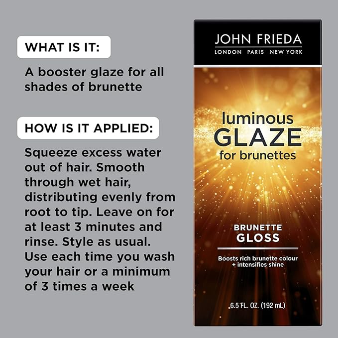 John Frieda Brilliant Brunette Luminous Hair Glaze, Hair Gloss Enhances Rich Color and Boosts Shine for Silky Brunette Hair, Enhances While Mending Damaged Hair Surfaces, 6.5 Oz, Pack of 2