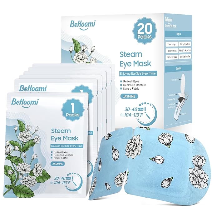 BeHoomi 20 Packs Steam Eye Mask, Heated Eye Mask Warm Compress for Eyes, Disposable Self Heating Steam Mask for Home, Sleep, Spa, Travel Essentials & Relaxation Gifts for Women (Jasmine)