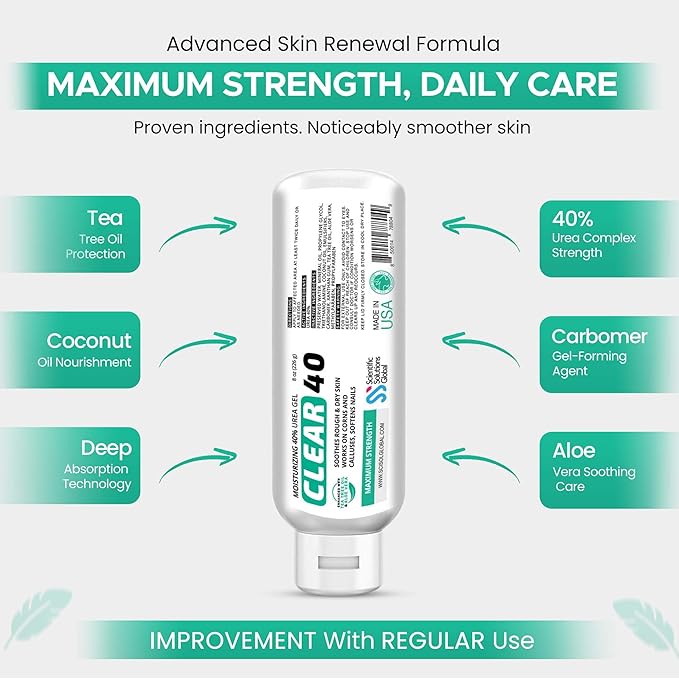 CLEAR 40 Urea Gel 40% (8 oz) with Tea Tree & Coconut Oil, Aloe Vera – Intensive Moisturizing & Exfoliating Gel for Dry Rough Skin, Feet, Heels, Elbows, Hands & Nails – Superior Hydration