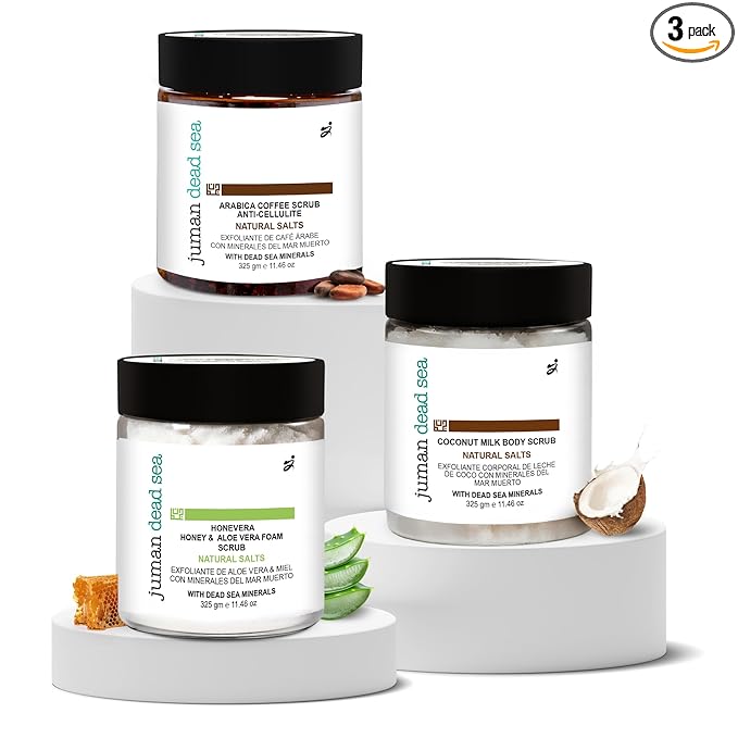 Juman Dead Sea Minerals Nourishing Body Scrub Set | Infused with Essential Oil & Nutrients | Dead Sea Salt Scrub Kit | SlS & Paraben Free | Vegan | Pack of 3