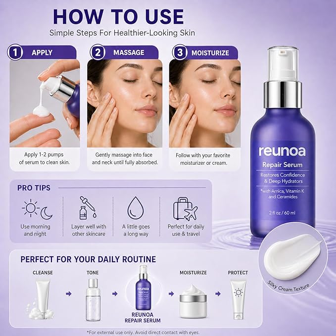 Reunoa Bruise Defense & Repair Serum, Ceramide Serum, with Ceramides, Vitamin K, and Arnica, Restores Confidence, Deep Hydrators, Redwuce Drynaess, 60ml