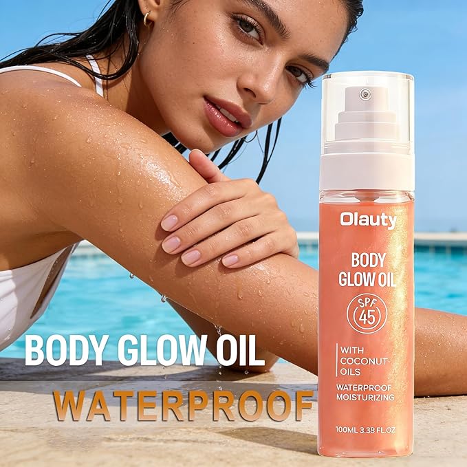 Body Glow Oil,Broad Spectrum SPF 45,Glitter Shimmer Mineral Sunscreen Body Oil with Sequin Mica,Moisturizing Coconut Oils,Waterproof Non Sticky Sun-kissed Skin Illuminator Travel Essentials (#02 Rose)
