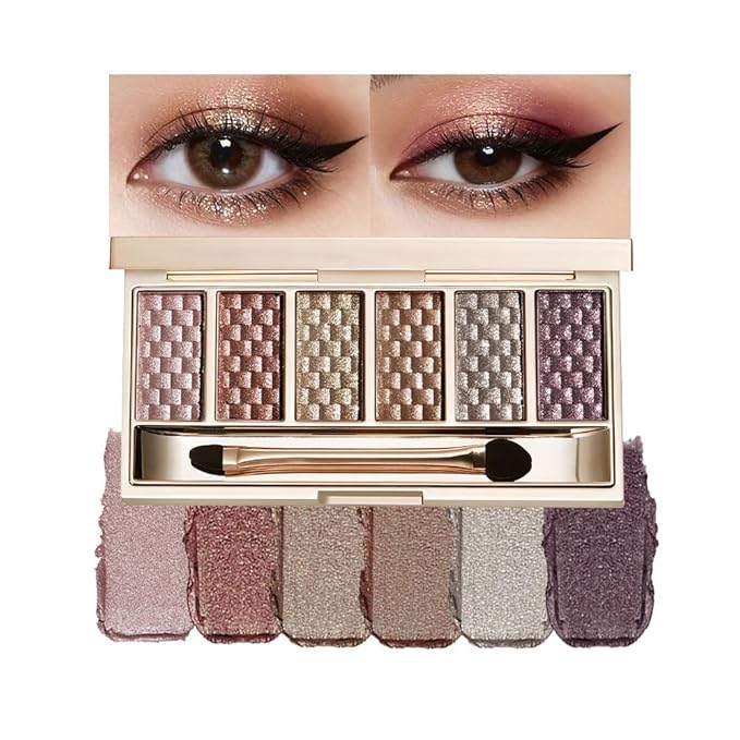 Neutral Metallic Glitter Eyeshadow Palette, 6 Color Silver Rose Gold Bronze Sparkle Eyeshadow Set, Long-Lasting Blendable Shimmer Eye Makeup for Soft Glam Party Look, Makeup Gift for Women
