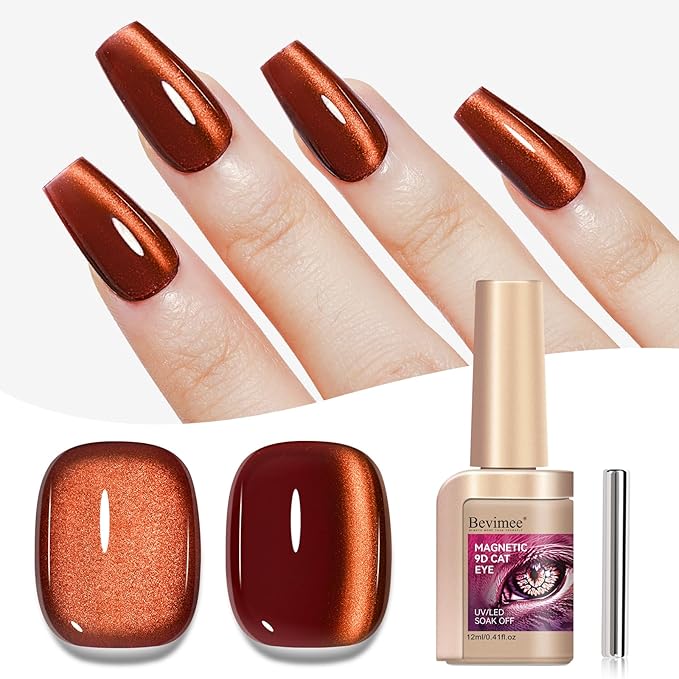 Red Gel Nail Polish, Magnetic Smooth Cat Eye Nail Polish Red Brown Color Shimmer UV Glitter Holographic Cateye Gel Polish with Magnet Manicure Salon DIY at Home