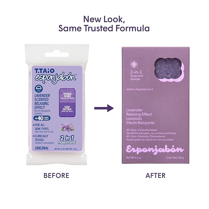 T.Taio Esponjabon Soap Sponge - Cleansing Shower Scrubber - Cleaning Bath Wash Scrub - Oil Removal - Massage & Lather Foot, Elbow, & Face - Bathroom Accessories - Fresh Lavender Scent