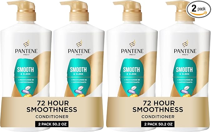 Pantene Conditioner, Smooth and Sleek - Frizz Control with Antioxidants, Nourishing for All Hair Types - Curly, Dry, Color-Treated, 25.1 Oz Each, + Miracle Rescue Shot (0.5 Oz), 2 Count (Pack of 2)