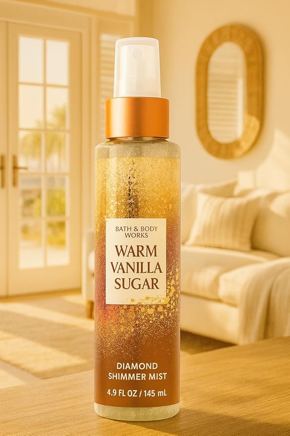 Bath & Body Works Warm Vanilla Sugar Diamond Shimmer Mist, 4.9 fl oz / 145 mL – Vanilla Blossom, Sparkling Sugar, and Soft Sandalwood