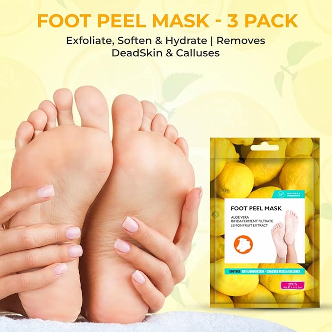 Happy Feet Lemon Exfoliating Foot Peel Mask – 3 Pack | Foot Peeling Mask for Dead Skin Removal, Smoother & Softer-Looking Feet, At-Home Foot Care Spa Treatment