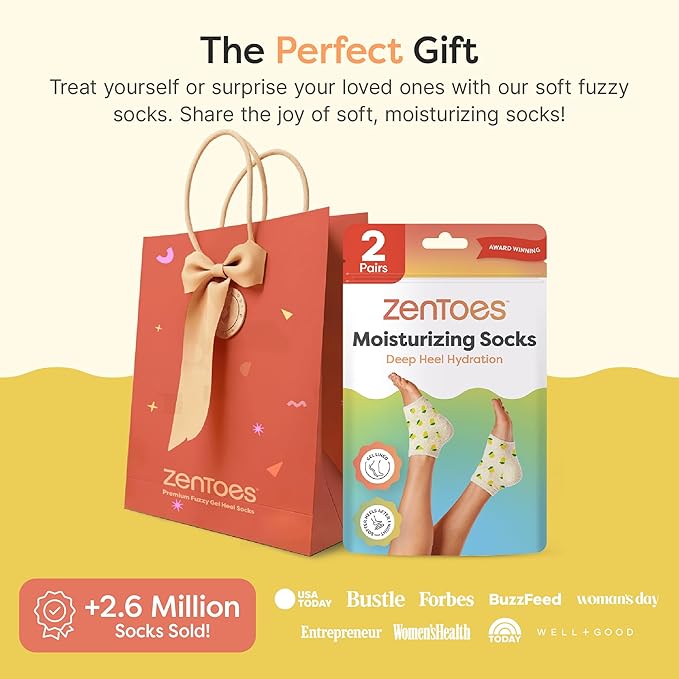 ZenToes Moisturizing Socks for Cracked Heel Treatment, Vitamin E, Olive Oil and Jojoba Oil Infused Heel Socks, Spa Gifts for Women, Mothers Day Gifts (Lemons, Regular)