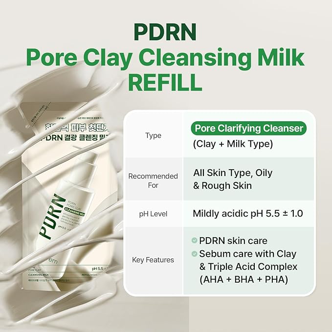 MAKE P:REM PDRN Pore Clay Cleansing Milk, Hydrating Gentle Face Wash for Sensitive Skin, Korean Face Wash, Milky Cleanser, 6.76 fl.oz. (100ml, Refill Pouch)