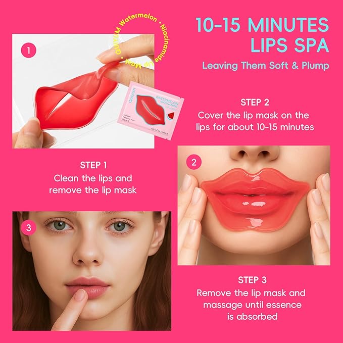 QUIYUM Watermelon Niacinamide Lip & Eye Mask Set - Hydrating Collagen Lip Masks + Eye Pads, Nourishing Skincare for Lips & Eyes (12 Packs)