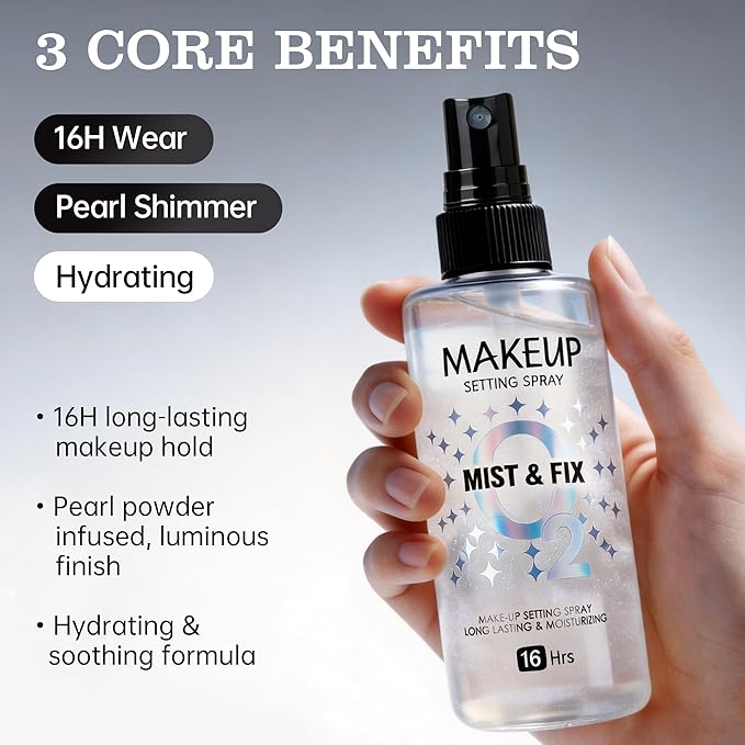 Setting Spray for Makeup, 16 Hr Long Lasting Fixing Spray Waterproof Transfer Resistant, Lightweight Hydrating Setting Mist with Shimmer Dewy Finish, Face Primer Make Up for All Skin Types, 3.72 Fl Oz