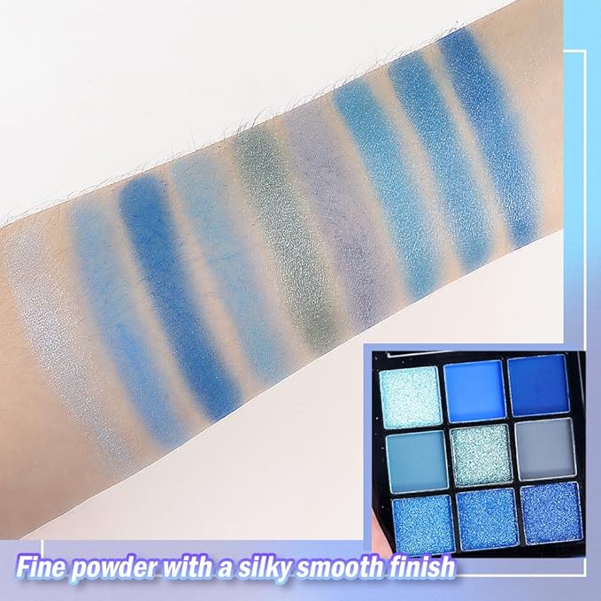 WanTuoluo 9 Colors Blue Smoky Matte Shimmer Eyeshadow Palette with Mirror for Eye Makeup,High Pigmented Eye Shadow Primers Powder Palet de sombras de ojos