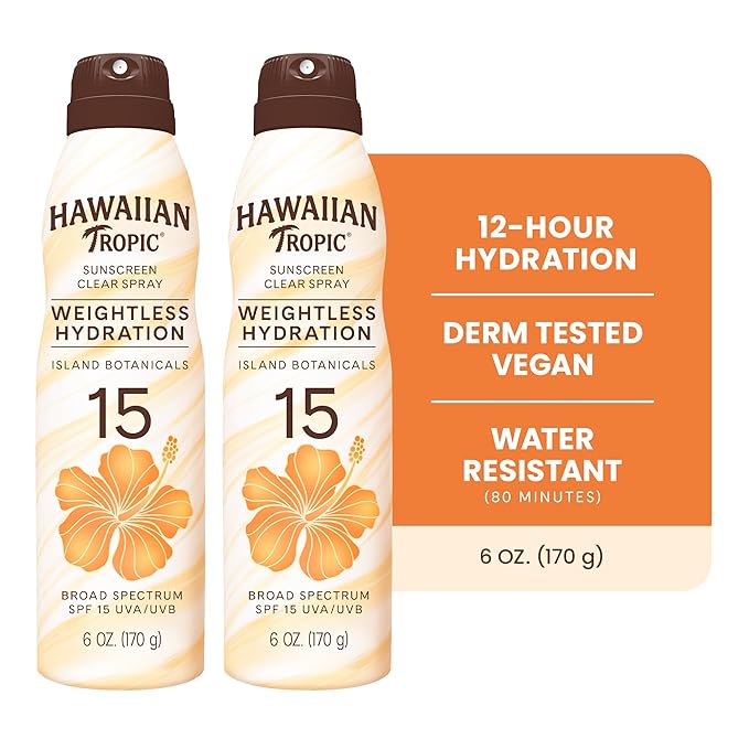 Hawaiian Tropic Weightless Hydration Clear Spray Sunscreen SPF 15, 6oz Twin Pack, Hawaiian Tropic Sunscreen SPF 15, Sunblock, Oxybenzone Free Sunscreen, Spray On Sunscreen Pack, 6 oz each