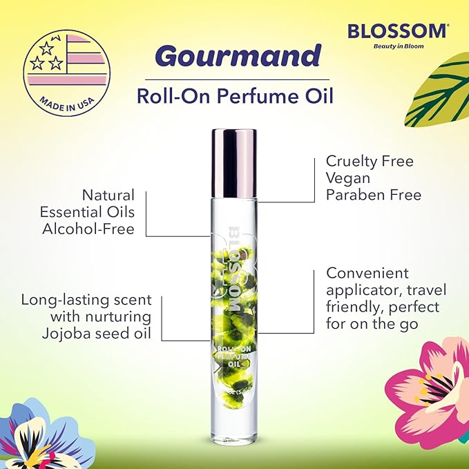 Blossom Roll on Perfume for Women Alcohol Free Gourmand Rollerball Perfume Oil with Essential Oils, Infused with Real Flowers, Made in USA, 0.20oz, (Matcha, Green Tea, Honey) Matcha Tea