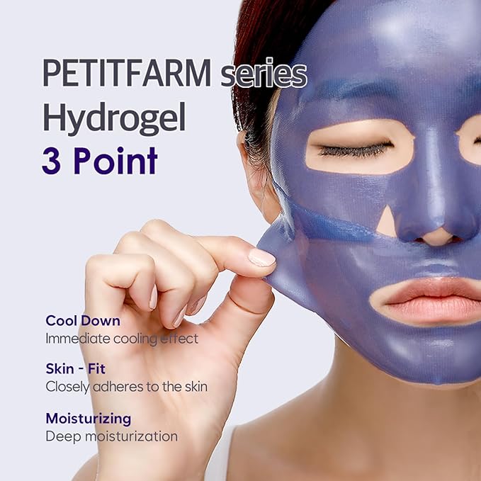 Petitfee Agave Cooling Hydrogel Face Mask 5ea - Quick Calming Facial Mask with Blue Energy Complex, Agave, Blueberry, Eggplant, Caffeine Extracts, Moisturizing, Soothing Care