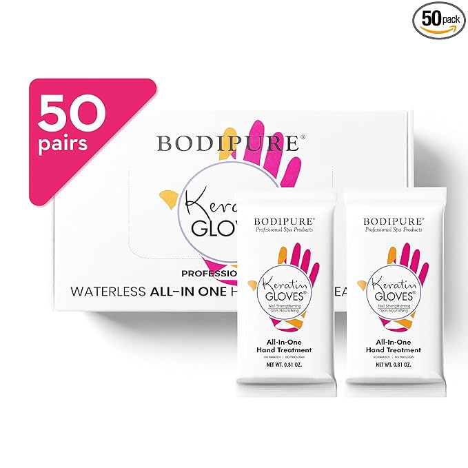 Bodipure All-In-1 Moisturizing Hand Mask, Keratin & Vitamin E Hand Mask for Dry Cracked Hands, Natural Moisturizing Gloves Formula, Strengthen Nails & Repair Hands 50 Pairs