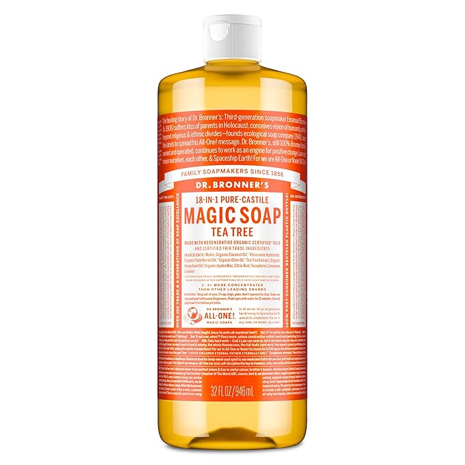Dr. Bronner's Pure-Castile Magic Soap Liquid (Tea Tree, 32 Ounce) – Made with Regenerative Organic Oils, 18-in-1 Uses for Face, Hair, Laundry, Dishes, Hand Soaps & Body Wash – Natural, Vegan, Non-GMO