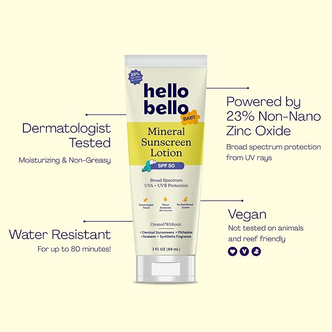 Hello Bello Baby Mineral SPF 50 Sunscreen Lotion with Broad Spectrum UVA + UVB Protection, Water Resistant and Reef Friendly Sun Protection for Babies and Kids, 3 fl oz (Pack of 1)