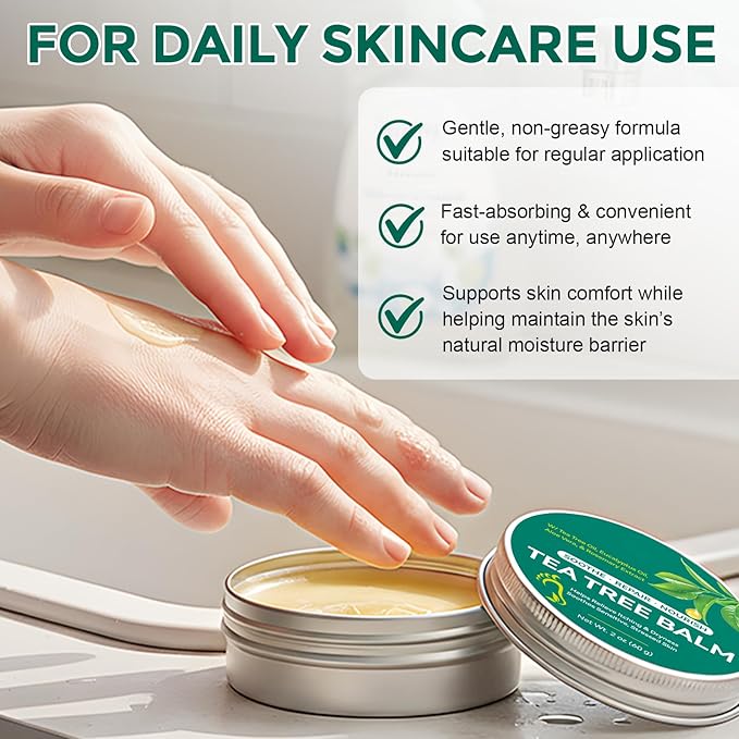 Tea Tree Balm for Dry Itchy Skin, Natural Tea Tree Oil Salve for Cracked Heels, Feet, Hands & Body, Moisturizing Herbal Skin Repair Balm with Aloe Vera, Eucalyptus, Green Tea & Vitamin E, 2 oz