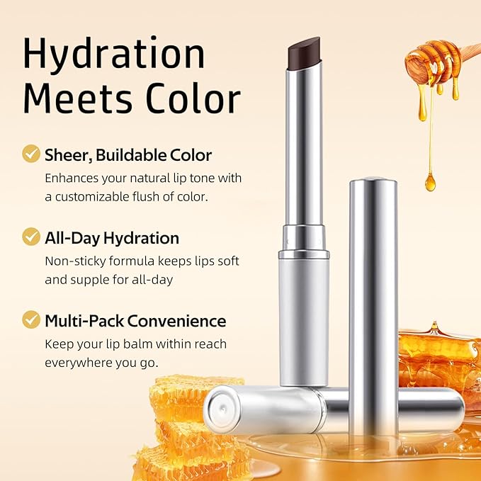 Tinted Lip Balm for Dry Lips, 3PCS Sheer Moisturizing & Hydrating Lip Balm Set, Nourishing Lightweight Natural Honey Lipstick, Universal Flattering Glossy Finish, Vegan for All Skin Tones