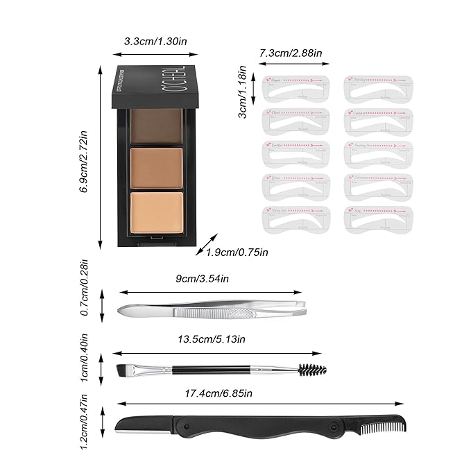 CCbeauty Eyebrow Powder Makeup Kit,3 Colors Eye Brow Powder Palette, Long Lasting Waterproof Brown Brow Filler, With Buit-In Mirror, Brow Brush, Brow Razor, Brow Tweezers, 10Pcs Eye Brow Stencil