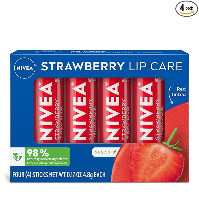 NIVEA Strawberry Lip Care, Red Tinted Lip Balm Pack with Shea Butter, Nourishing Oils and Vitamin C & E, 3-in-1 Moisture, Repair and Color, 0.17 Oz Stick, Pack of 4