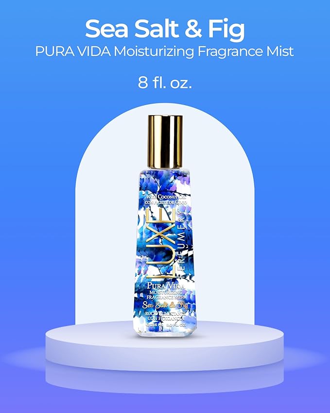 Luxe Perfumery Pura Vida Sea Salt & Fig Moisturizing Fragrance Mist – Fresh Marine Fruity Floral Body Spray with Citrus, Fig & Salty Marine Notes – Hydrating Skin Mist for Women, Made in USA, 8 Fl Oz