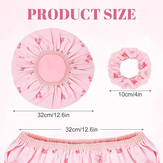 Pengxiaomei Large Double-Sided Shower Cap for Women, 2-in-1 Reusable Waterproof Cherry Print Bath Cap Pink Gifts for Women Girls Long Thick Hair