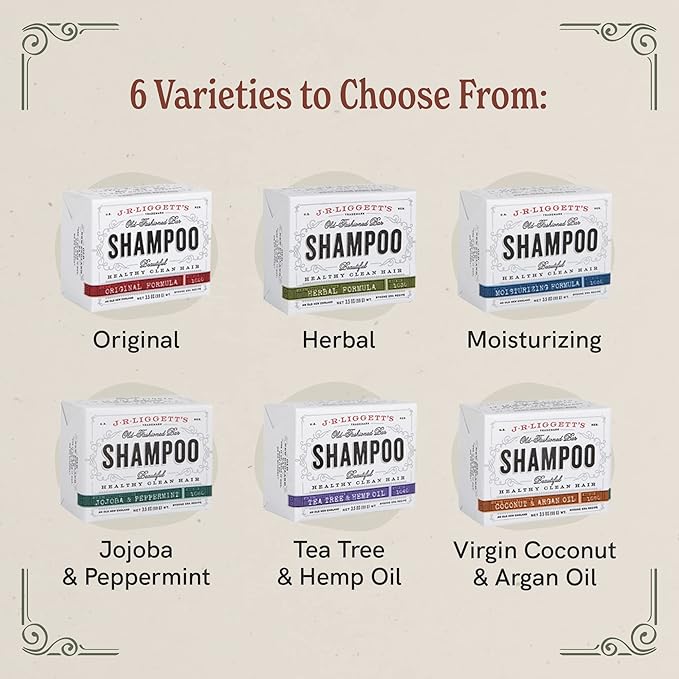 J.R.LIGGETT'S Original Formula, Moisturizing Formula and Coconut & Argan Oil Shampoo Bars - Plant-Based Nourishing Shampoo Bars for All Hair Types - Sulfate-Free for Healthy Hair - 3-Pack