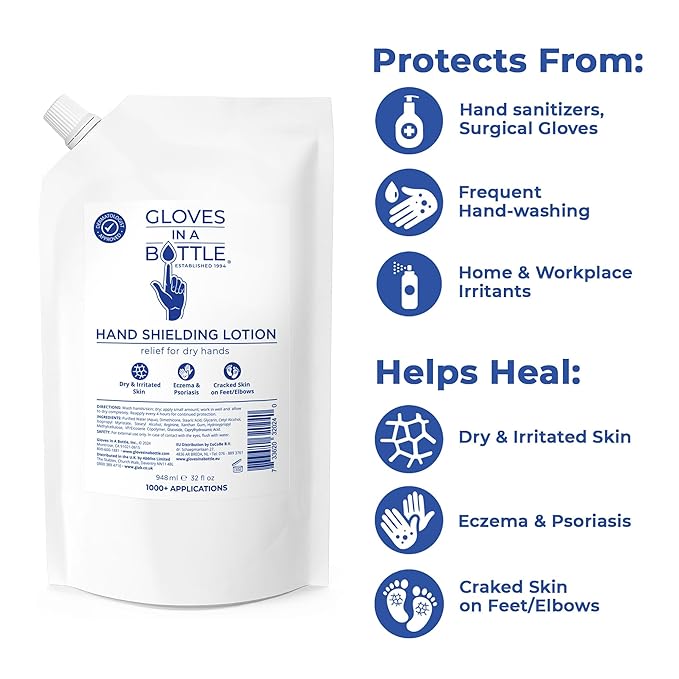 Gloves In A Bottle 32 oz Refill Pouch – Bulk Hand & Body Moisturizer for Dry, Cracked, Itchy, Irritated Skin – Unscented Shielding Lotion, Deep Hydration, Non-Greasy, Travel & Workplace Refill Size