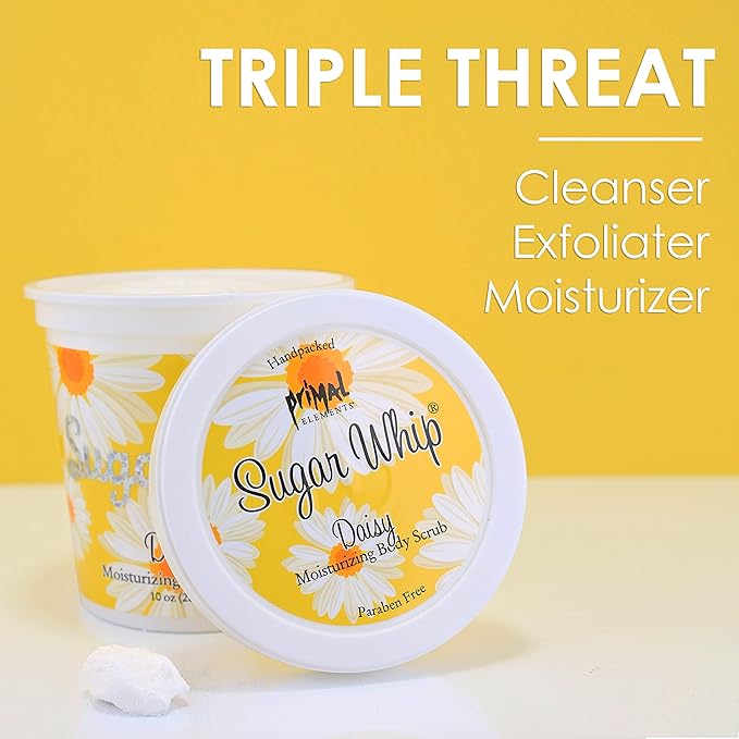 Primal Elements Sugar Scrub, Exfoliating Sugar Whip, Face and Body Cleanser, Moisturizer, Daisy, 10 oz Package