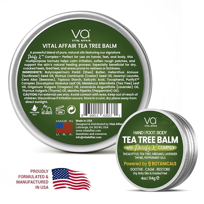 VITAL AFFAIR Tea Tree Oil Balm – Soothing Care for Rashes, Athlete’s Foot, Jock Itch, Bug Bites, Folliculitis, Cracked Feet, Dry, Flaky, Irritated Skin – For All Ages & Sensitive Skin - 4 oz