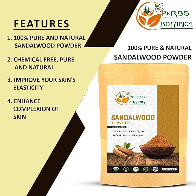 Herbs Botanica Chandan Sandalwood Powder, 100 gm / 3.52 oz, Face Pack & Mask, Tilak, Auspicious Occasions, Natural Cleansing & Soothing Powder.
