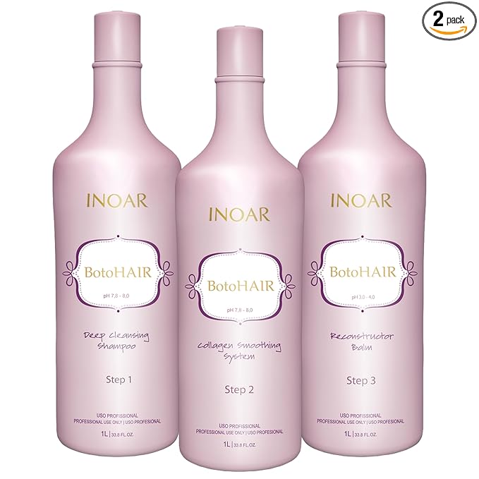 Inoar BotoHair Collagen Smoothing System with Keratin, Deep Cleansing Shampoo, Collagen Smoothing System & Reconstructor Balm, 33.8 fl oz Each