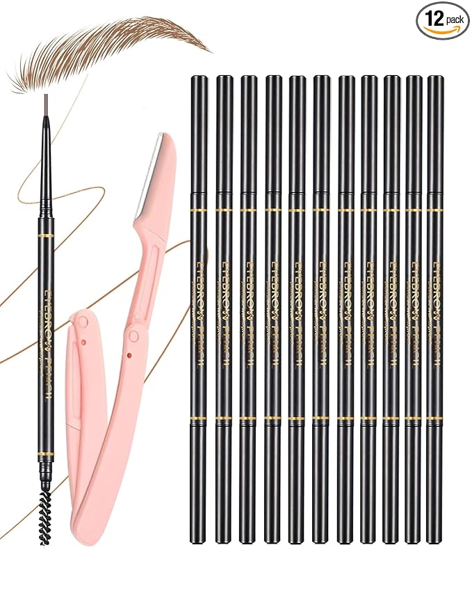 Medium Brown Eyebrow Pencils for Women, 12Pcs Ultra Slim Eyebrow Pencil with 2 Brow Razors Kit, Double Head 1.5mm Micro-Fine Tip & Spiral Brush, Can Draw Fine and Long-Lasting Brows Makeup