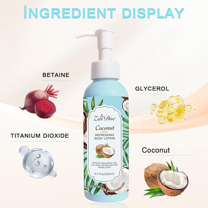 Body Lotion, 24hr Moisturizing & Deep Hydration, Absorbs Instantly Moisturizer for All Skin Types, 5.3 fl oz (1 Pack, Coconut)