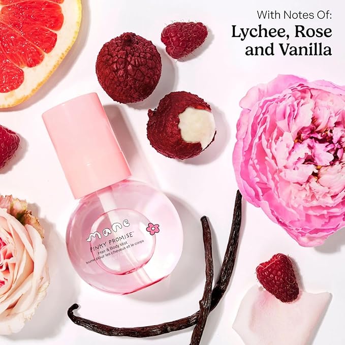 Mane Fruity Floral Hair and Body Mist - Lychee, Rose + Vanilla Body Spray & Hair Perfume - Hydrating & Non-Sticky Formula - Layerable Travel Size Fragrance Mist - Pinky Promise (3.4 oz)