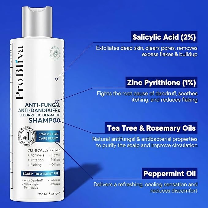 ProBliva Balanced Antifungal Shampoo – Scalp Treatment for Seborrheic Dermatitis, Dandruff, Flakes, Itch & Dryness – Zinc Pyrithione 1% & Salicylic Acid 2% Dual-Action for Fungus & Buildup (8.4 fl oz)
