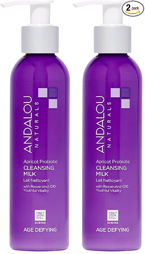 Andalou Naturals Age Defying Apricot Probiotic Cleansing Milk | Gentle Daily Hydrating Face Cleanser For Dry,Dehydrated Skin| With Fruit Stem Cell Complex | 6 fl oz,(Pack of 2)