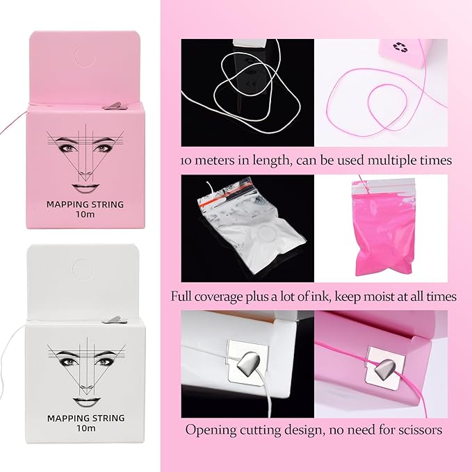 ATOMUS Brow Mapping Kit with 10m Pink & White Mapping String 20g White & Pink Brow Paste 50pcs Eyebrow Ruler Stickers 2 Brow Brushes 2pcs Eyebrow Pencil 1pc Sharpener 10pcs Blades
