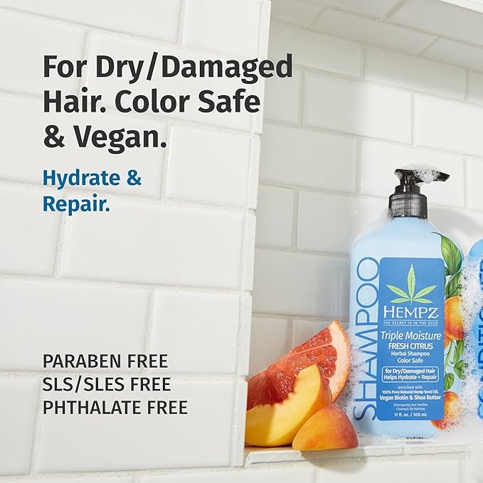 Hempz Biotin Hair Shampoo - Triple Moisture Fresh Citrus - Peach & Grapefruit - For Growth & Strengthening of Dry, Damaged and Color Treated Hair, Hydrating, Softening, Moisturizing 33.8 Fl OZ