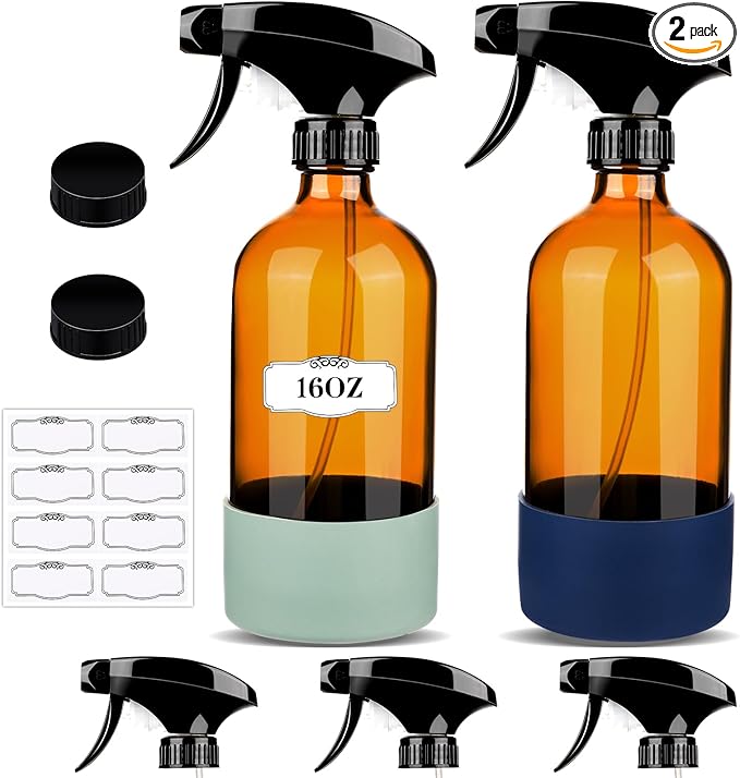 ZENOWICK 2 Pack/16 Oz Glass Spray Bottles, Refillable Empty Containers with Silicone Sleeve, Upgraded Adjustable Nozzle Spray Bottle Sets for Cleaning, Essential Oils, Hair (Amber)