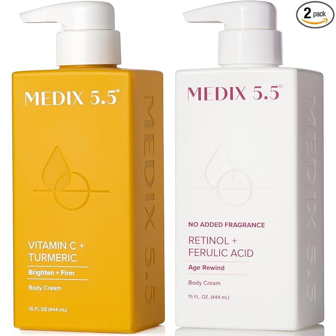 MEDIX Fragrance Free Firming Retinol Body Lotion + Brightening Vitamin C Cream 2pc Skin Care Set | Crepey Skin Care Treatment | Anti Aging Body Cream & Face Moisturizer For Crepe Skin & Dark Spots