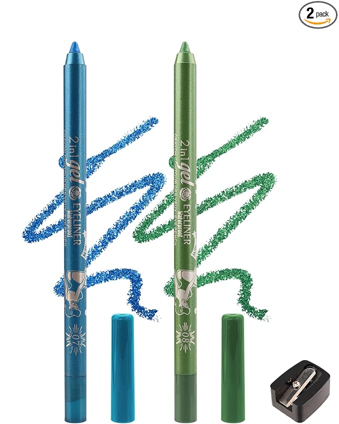 Sky Blue Green Eyeliner Pencil Gel, Multi-Use Colorful Eyeliner Waterline Waterproof Smudge-Proof Long Stay, High Pigmented Shimmer Cream Eye Liner Pen with Sharpener, Safe for Sensitive Eyes Makeup