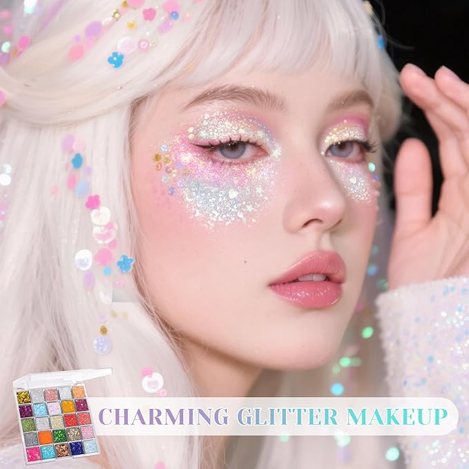DAGEDA 25 Colors Body Glitter Palette, Face Hair Glitter Gel Holographic Chunky Sequins, Glitters Eyeshadow Body Shimmer Makeup for Rave Outfits Mermaid Accessories