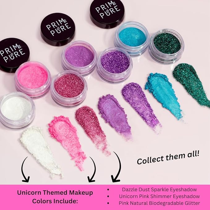 Prim and Pure Kids Makeup Gift Set - Stencil, Makeup Eyeshadow Bioglitter Lip Gloss and Cosmetic Bag Mirror Makeup Brush Accessories (Unicorn Pink)